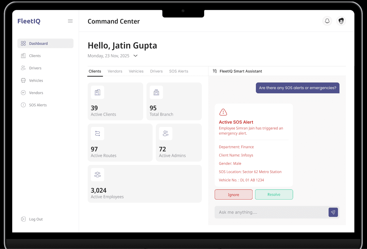 FleetIQ Admin Command Center dashboard UI
